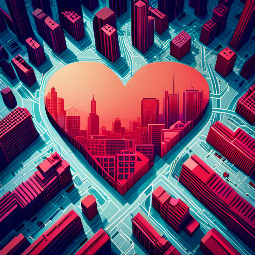 ai-generated city grid in the shape of a heart