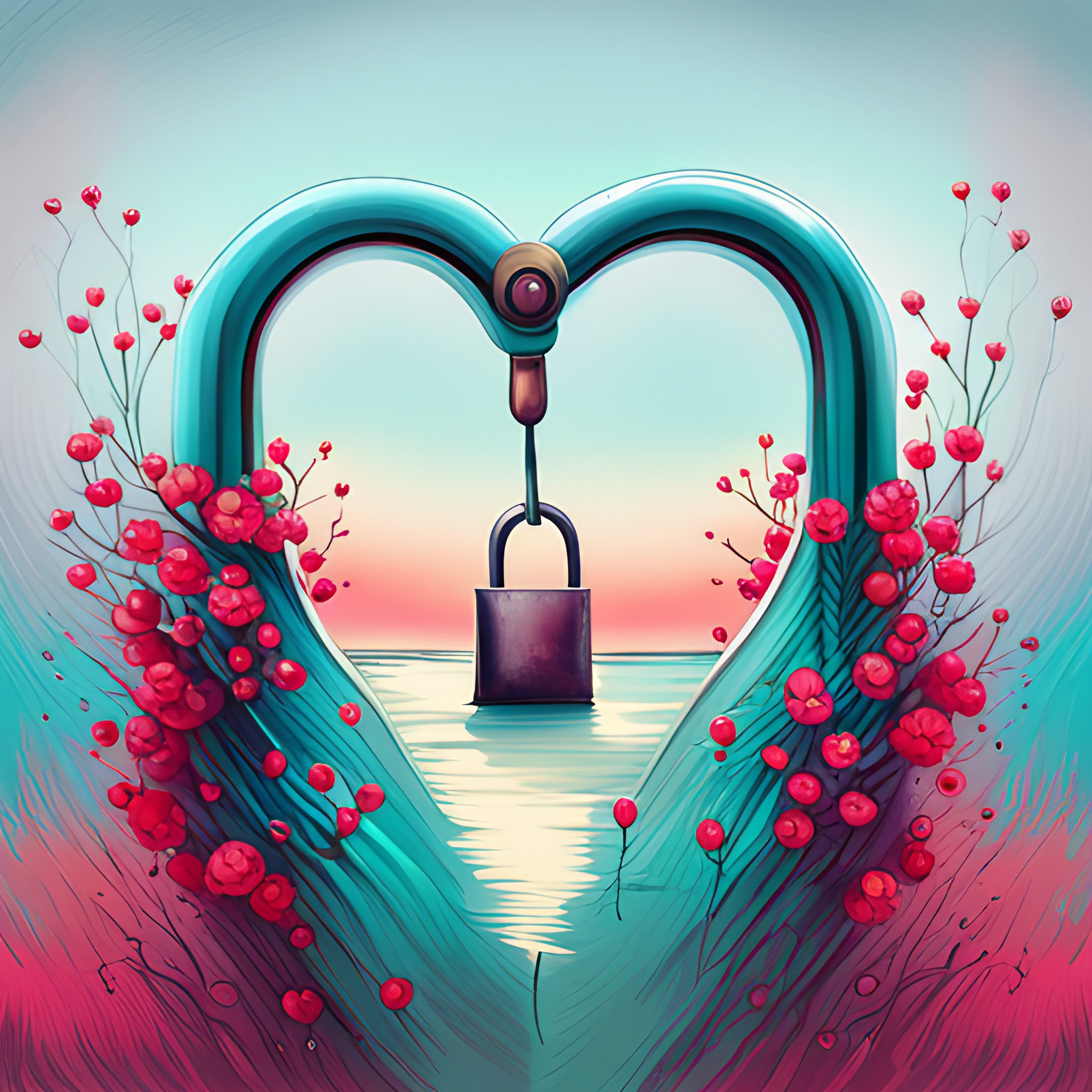 AI-generated image of a lock hanging from a heart-shaped arch