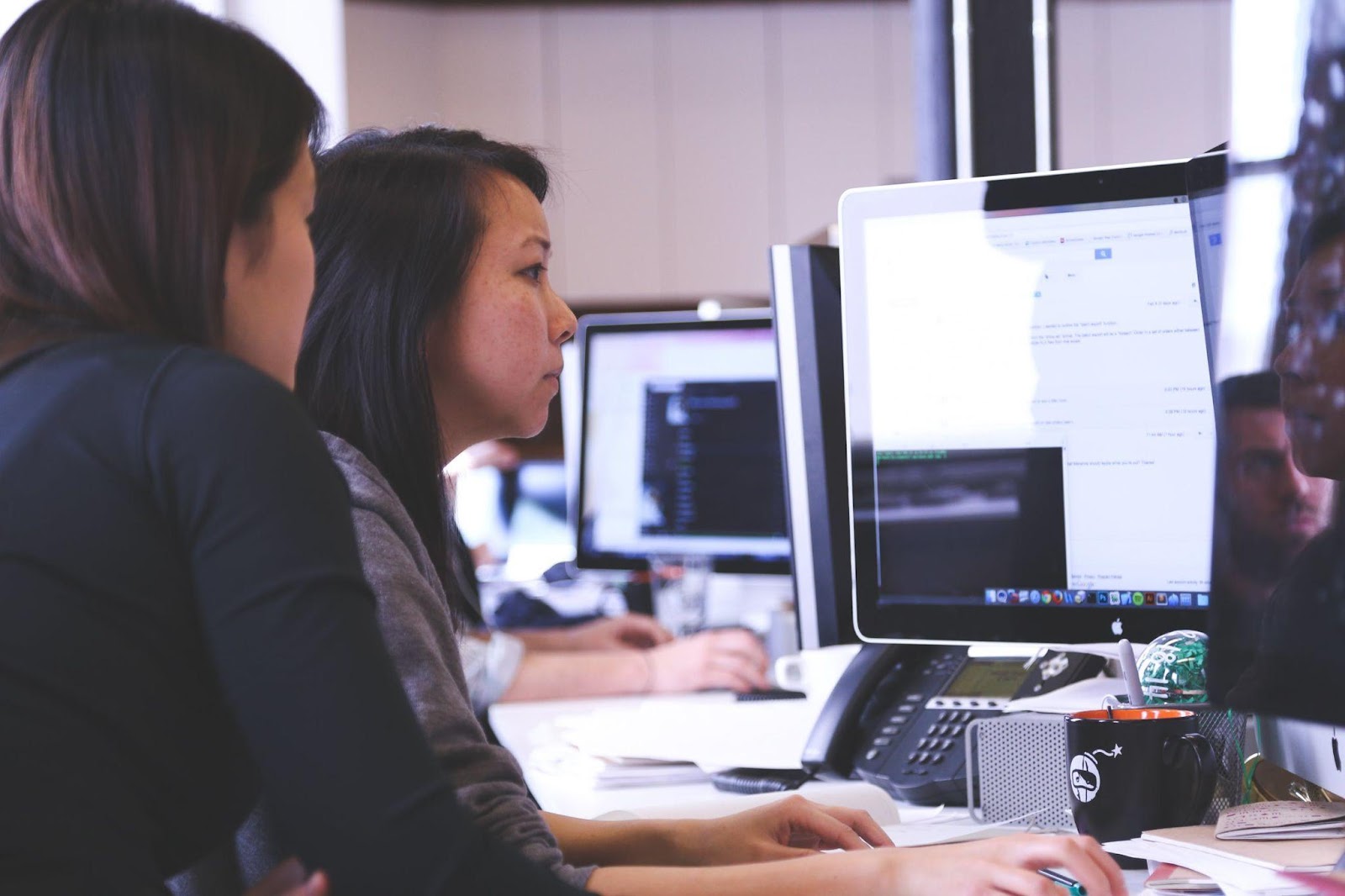 two nonprofit volunteers collecting data on a laptop