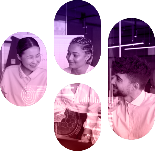 Four people sit together and interact in a modern office setting, viewed through oval-shaped frames with a pinkish-purple tint and digital graphic overlays.